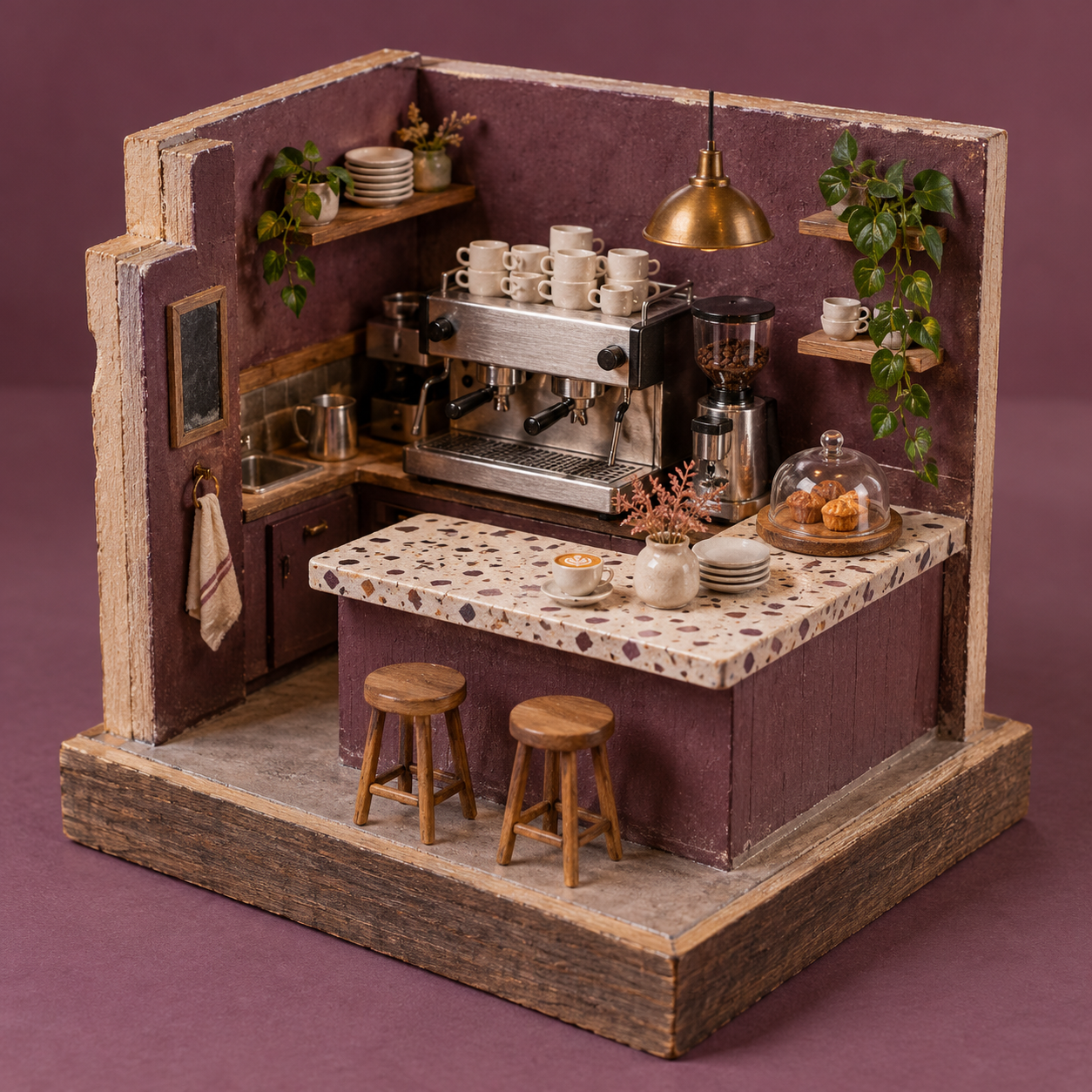 Illustrative scene of independent coffee shop: a brushed espresso machine, a terrazzo bar, stacked ceramic cups