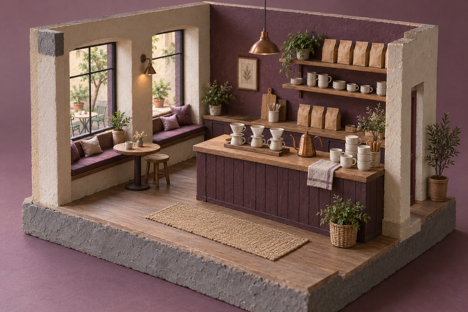 Illustrative scene of independent coffee shop: stacked ceramic cups, a window bench, paper coffee bags