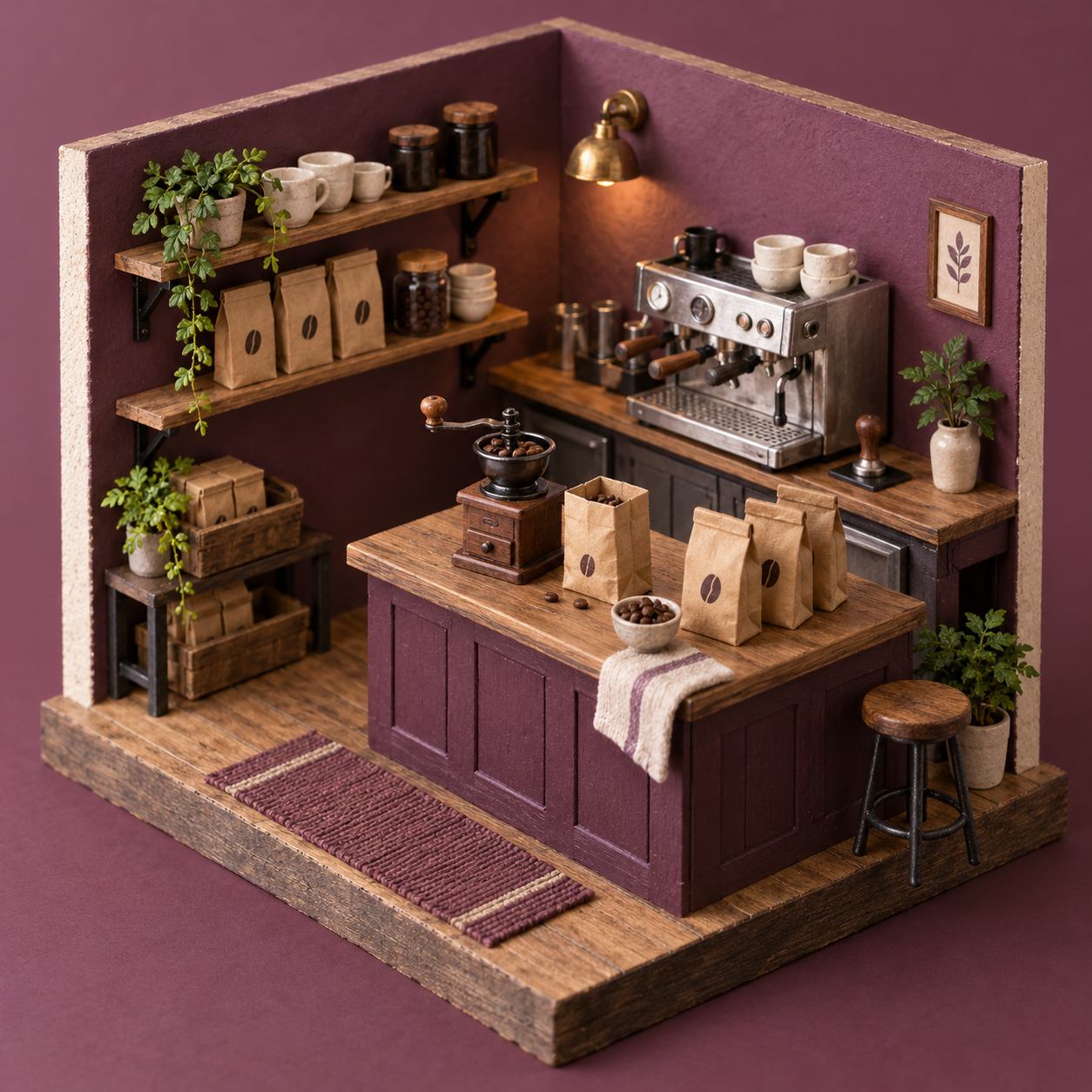 Illustrative scene of independent coffee shop: paper coffee bags, a hand grinder, a brushed espresso machine